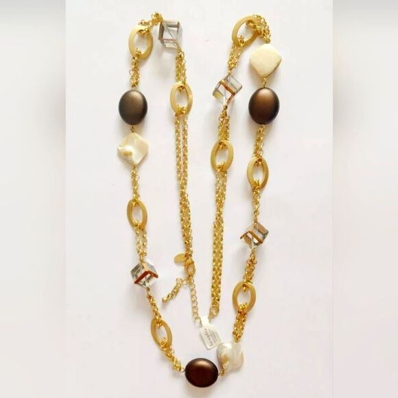 LIA SOPHIA GOLD TONE RESIN/ MOTHER OF PEARL 35"- 38" NECKLACE NWT - Picture 1 of 2